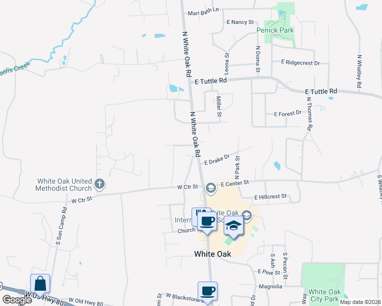map of restaurants, bars, coffee shops, grocery stores, and more near 201 N White Oak Rd in White Oak