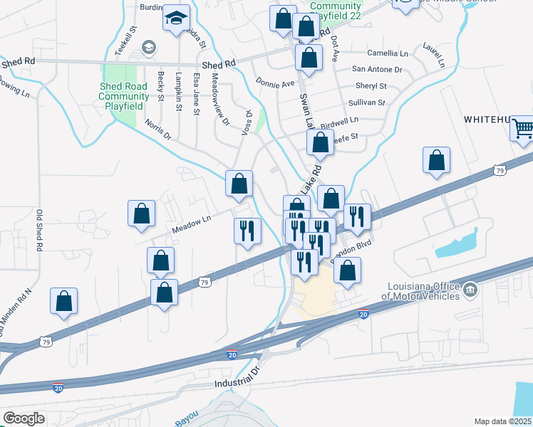 map of restaurants, bars, coffee shops, grocery stores, and more near 1011 Norris Drive in Bossier City