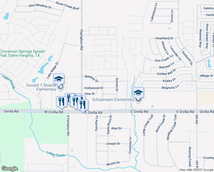 map of restaurants, bars, coffee shops, grocery stores, and more near 215 Hollywood Drive in Glenn Heights
