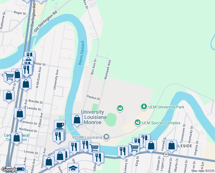 map of restaurants, bars, coffee shops, grocery stores, and more near 10 Warhawk Way in Monroe