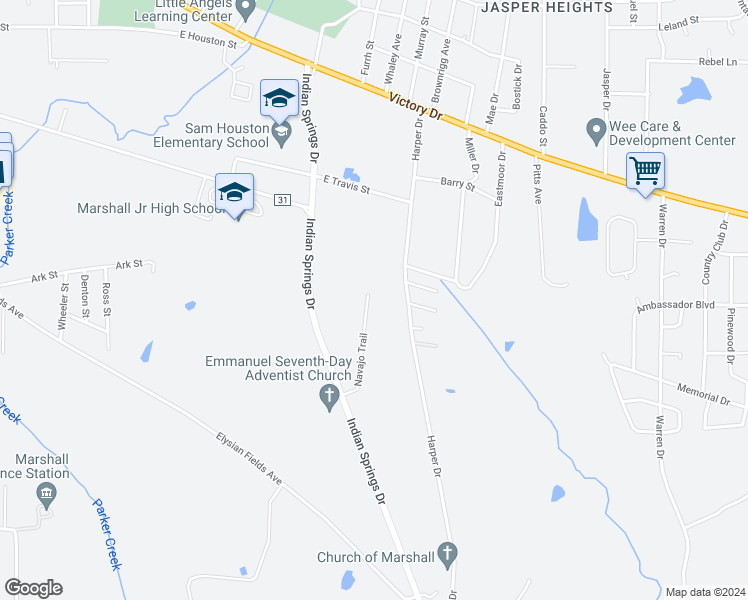 map of restaurants, bars, coffee shops, grocery stores, and more near 709 Navajo Trail in Marshall