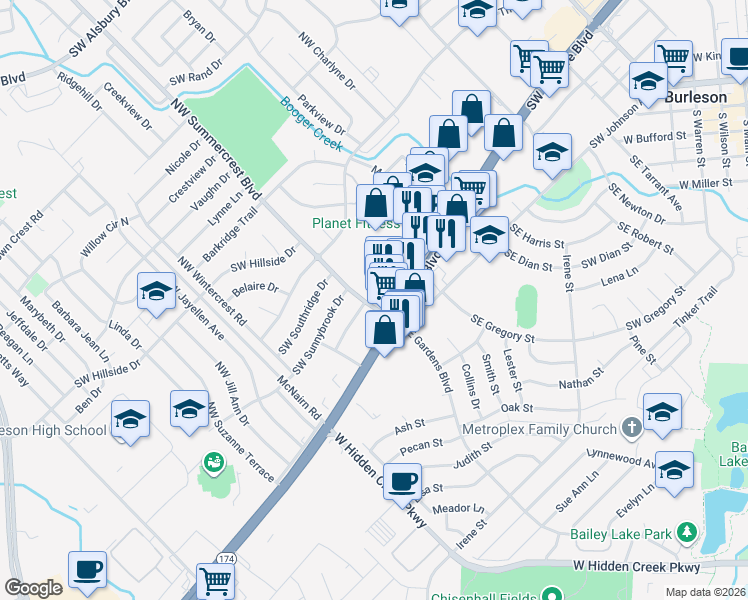 map of restaurants, bars, coffee shops, grocery stores, and more near 680 Southwest Wilshire Boulevard in Burleson