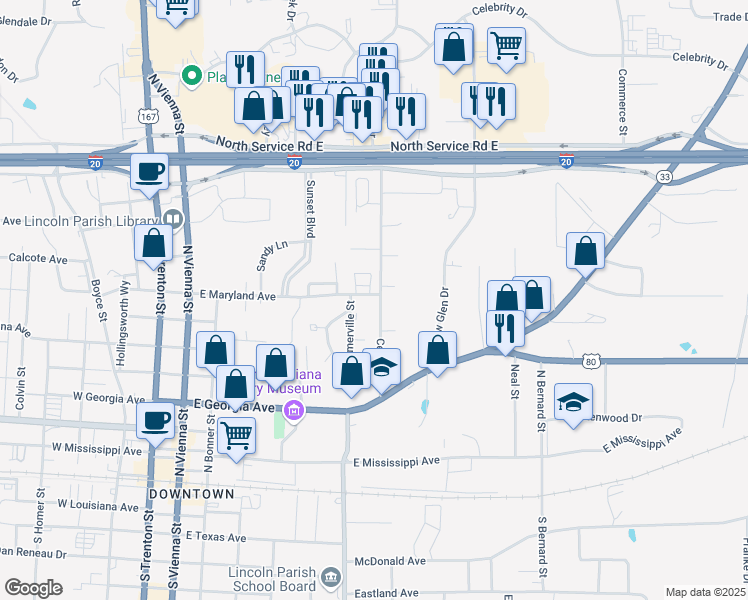 map of restaurants, bars, coffee shops, grocery stores, and more near 709 Center Street in Ruston