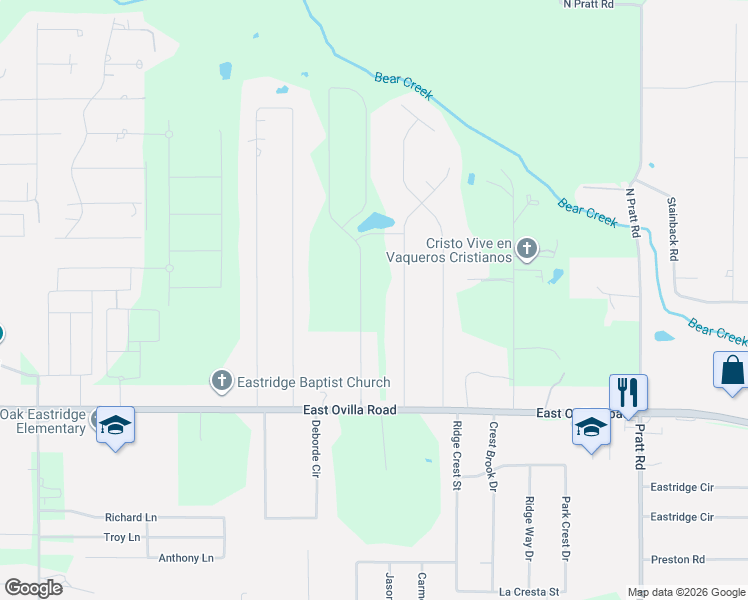 map of restaurants, bars, coffee shops, grocery stores, and more near 123 Mabry Lane in Red Oak