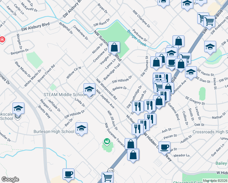 map of restaurants, bars, coffee shops, grocery stores, and more near 845 Belaire Drive in Burleson