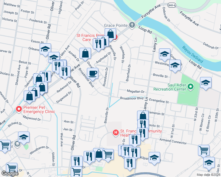 map of restaurants, bars, coffee shops, grocery stores, and more near 2530 Felicity Drive in Monroe