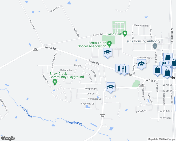 map of restaurants, bars, coffee shops, grocery stores, and more near 215 Clark Drive in Ferris
