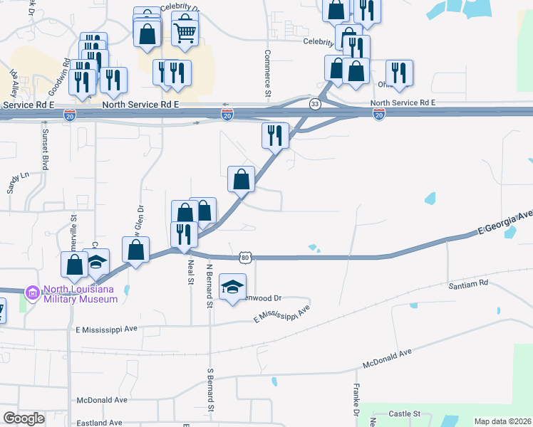 map of restaurants, bars, coffee shops, grocery stores, and more near 1310 Brewster Avenue in Ruston