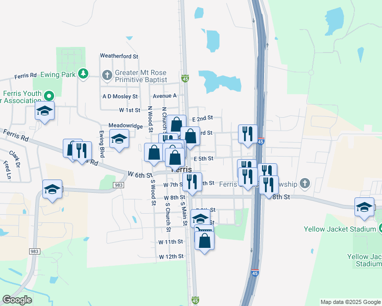 map of restaurants, bars, coffee shops, grocery stores, and more near 100 North Central Street in Ferris