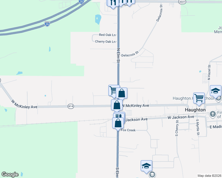 map of restaurants, bars, coffee shops, grocery stores, and more near 200 North Elm Street in Haughton