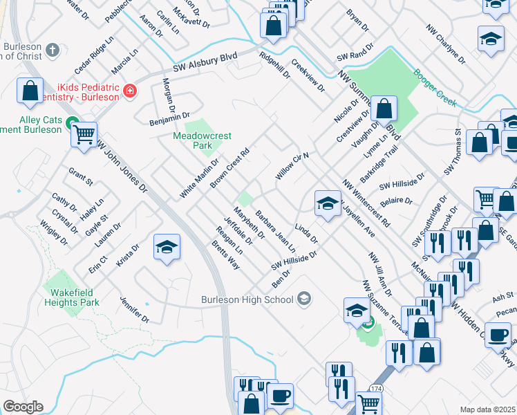 map of restaurants, bars, coffee shops, grocery stores, and more near 540 Barbara Jean Lane in Burleson