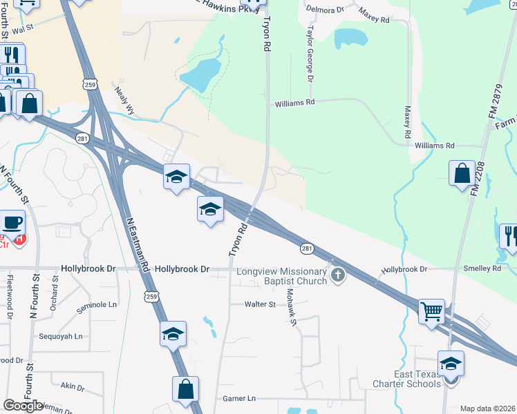map of restaurants, bars, coffee shops, grocery stores, and more near Tryon Road in Longview