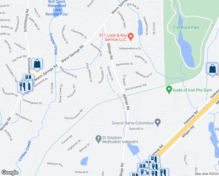 map of restaurants, bars, coffee shops, grocery stores, and more near 4 Old Dominion Court in Columbus
