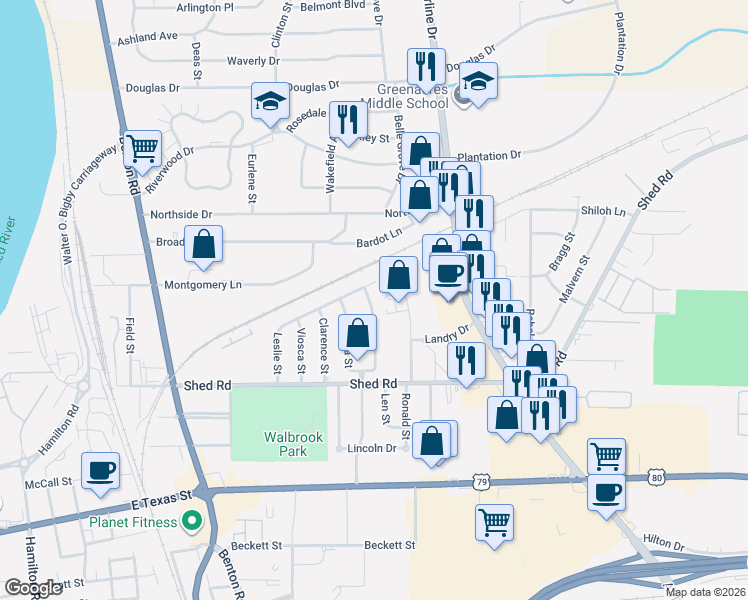 map of restaurants, bars, coffee shops, grocery stores, and more near 1536 James Street in Bossier City