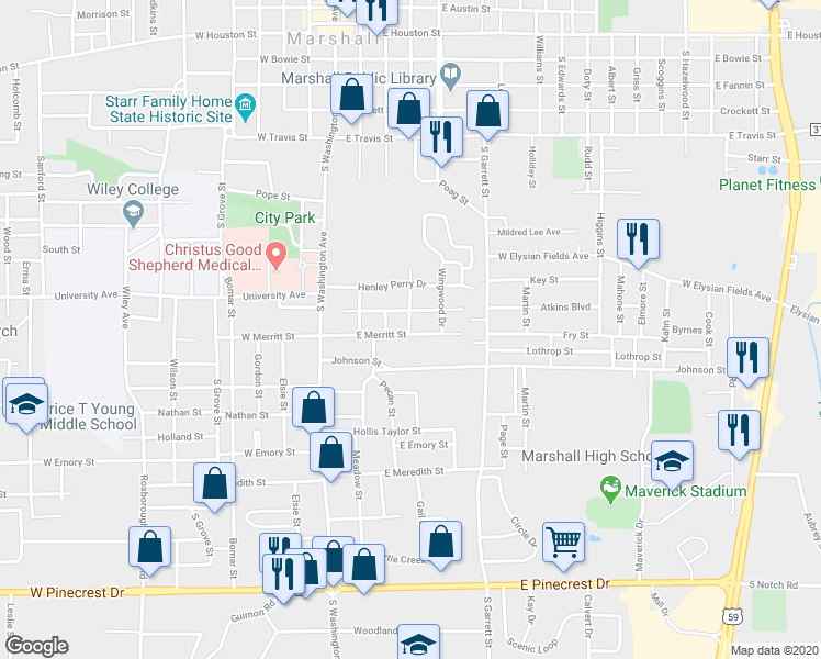 map of restaurants, bars, coffee shops, grocery stores, and more near 401 South Columbus Street in Marshall