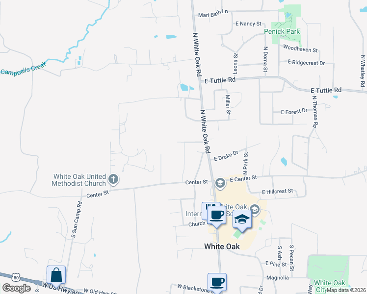 map of restaurants, bars, coffee shops, grocery stores, and more near 110 W Ruth St in White Oak