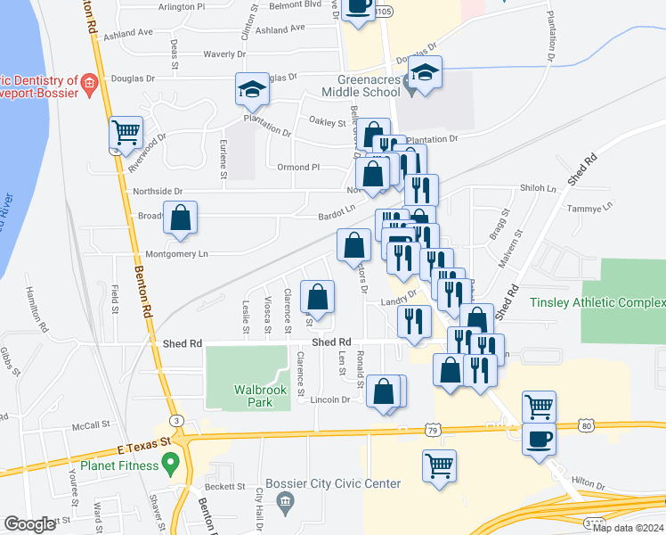 map of restaurants, bars, coffee shops, grocery stores, and more near 1536 James Street in Bossier City