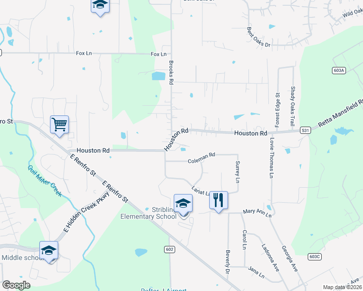 map of restaurants, bars, coffee shops, grocery stores, and more near 1820 Houston Road in Burleson