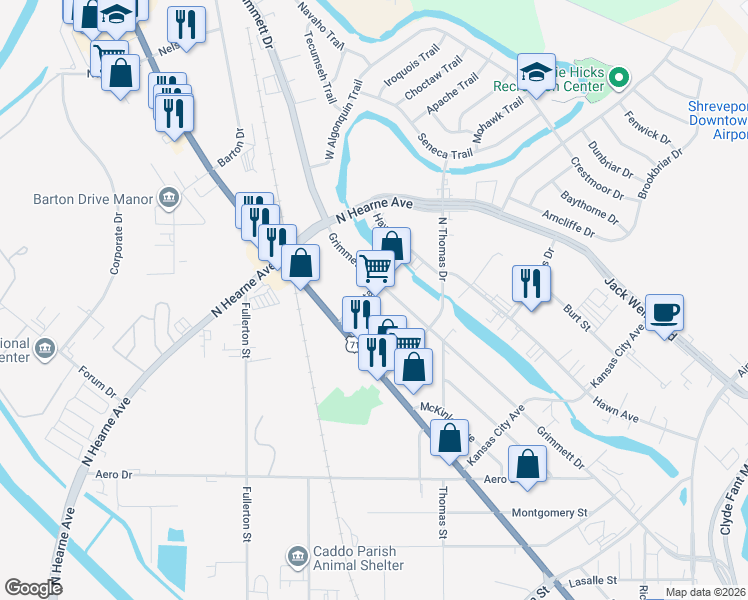 map of restaurants, bars, coffee shops, grocery stores, and more near 149 Freestate Boulevard in Shreveport