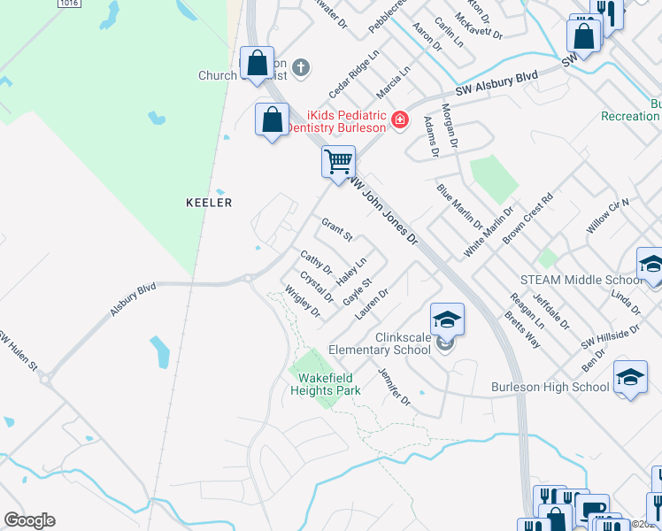 map of restaurants, bars, coffee shops, grocery stores, and more near 816 Cathy Drive in Burleson