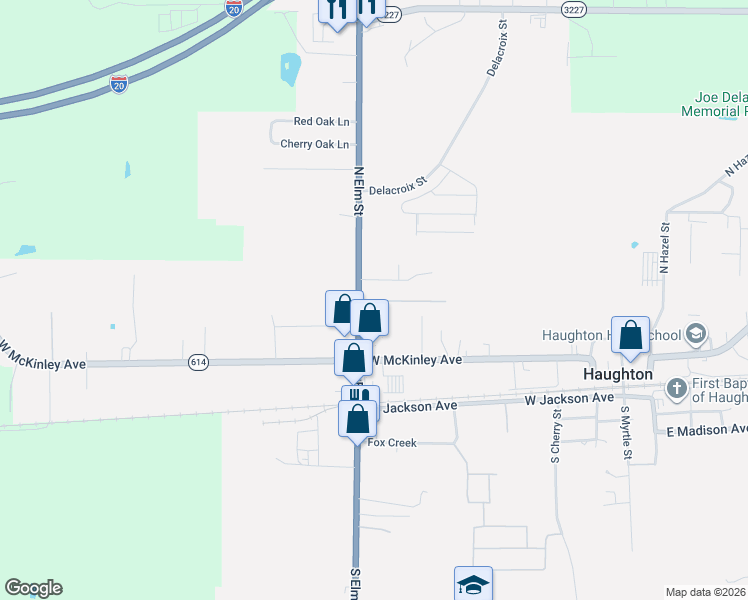 map of restaurants, bars, coffee shops, grocery stores, and more near 321 North Elm Street in Haughton