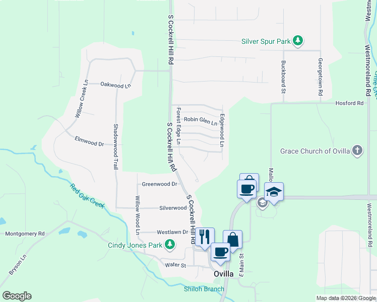 map of restaurants, bars, coffee shops, grocery stores, and more near 505 Forest Edge Lane in Red Oak