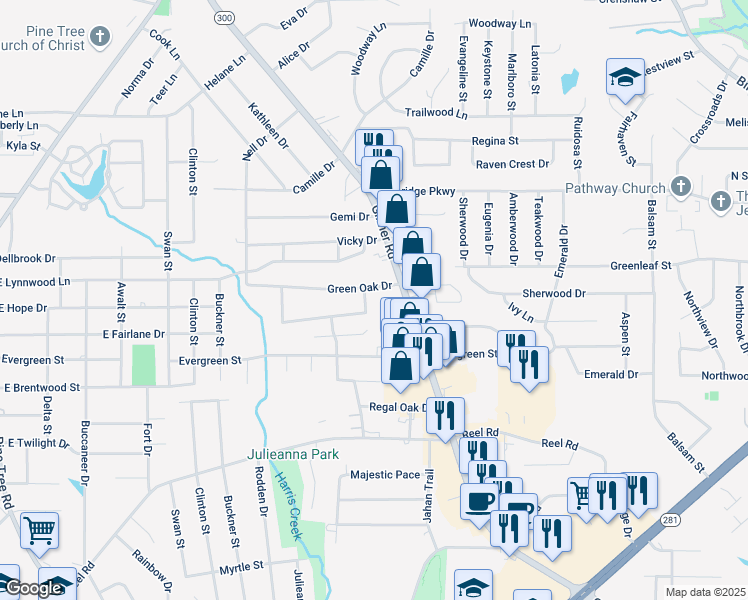 map of restaurants, bars, coffee shops, grocery stores, and more near 138 Briarmeadow Drive in Longview