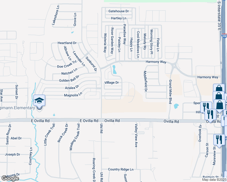 map of restaurants, bars, coffee shops, grocery stores, and more near 106 Brook Hollow Lane in Red Oak