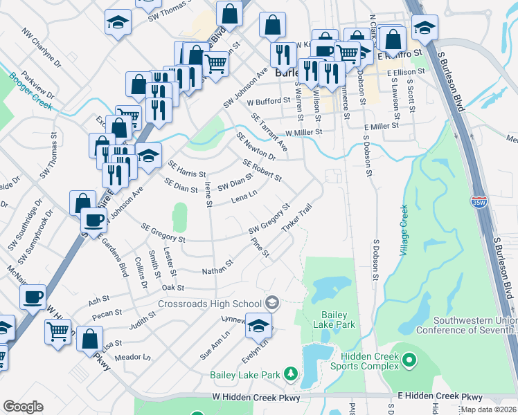 map of restaurants, bars, coffee shops, grocery stores, and more near 316 Robin Court in Burleson
