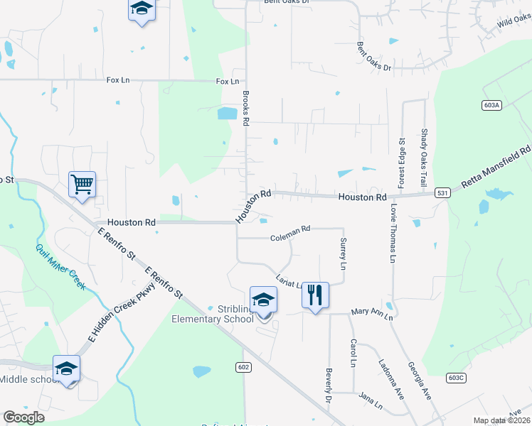 map of restaurants, bars, coffee shops, grocery stores, and more near 1820 Houston Road in Burleson