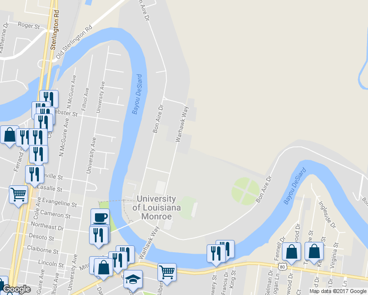 map of restaurants, bars, coffee shops, grocery stores, and more near 510 Warhawk Way in Monroe