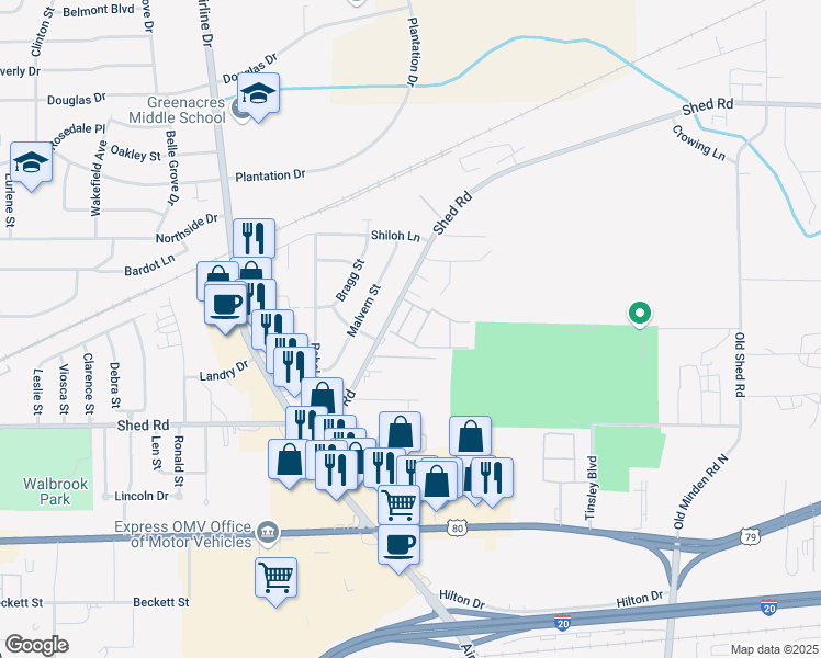 map of restaurants, bars, coffee shops, grocery stores, and more near 3259 Cottonwood Street in Bossier City