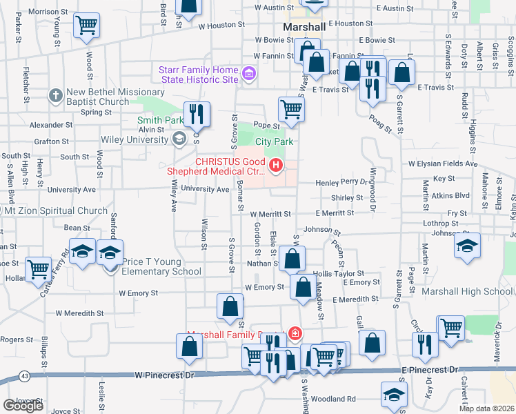 map of restaurants, bars, coffee shops, grocery stores, and more near 304 West Merritt Street in Marshall