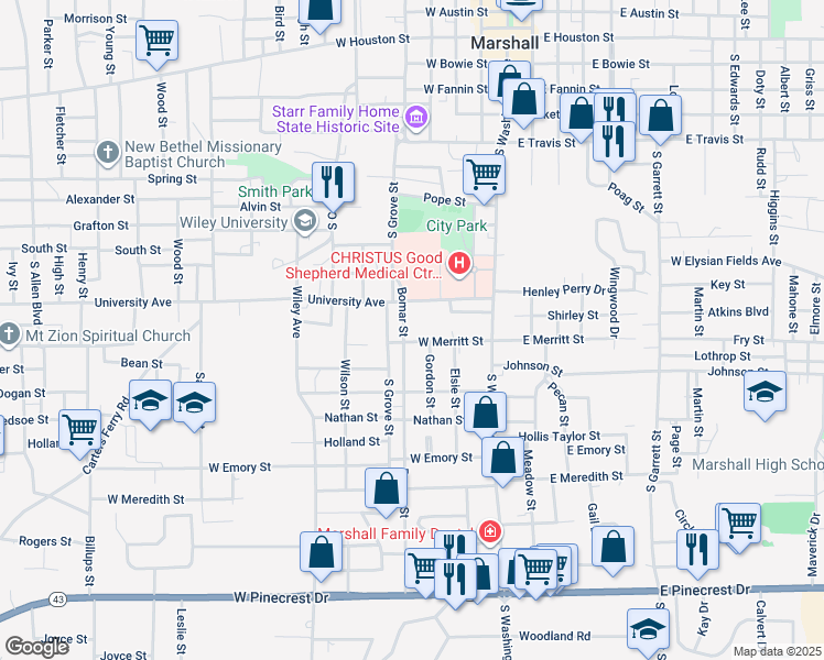 map of restaurants, bars, coffee shops, grocery stores, and more near 304 West Merritt Street in Marshall