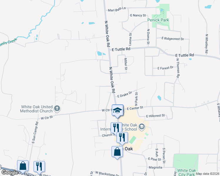 map of restaurants, bars, coffee shops, grocery stores, and more near 201 N White Oak Rd in White Oak