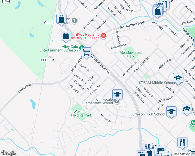 map of restaurants, bars, coffee shops, grocery stores, and more near 1208 Gayle Street in Burleson