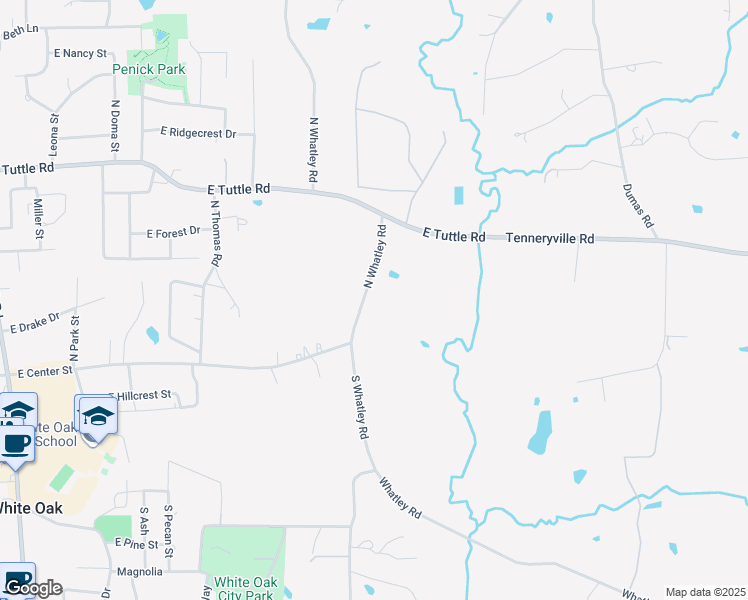 map of restaurants, bars, coffee shops, grocery stores, and more near 202 North Whatley Road in White Oak