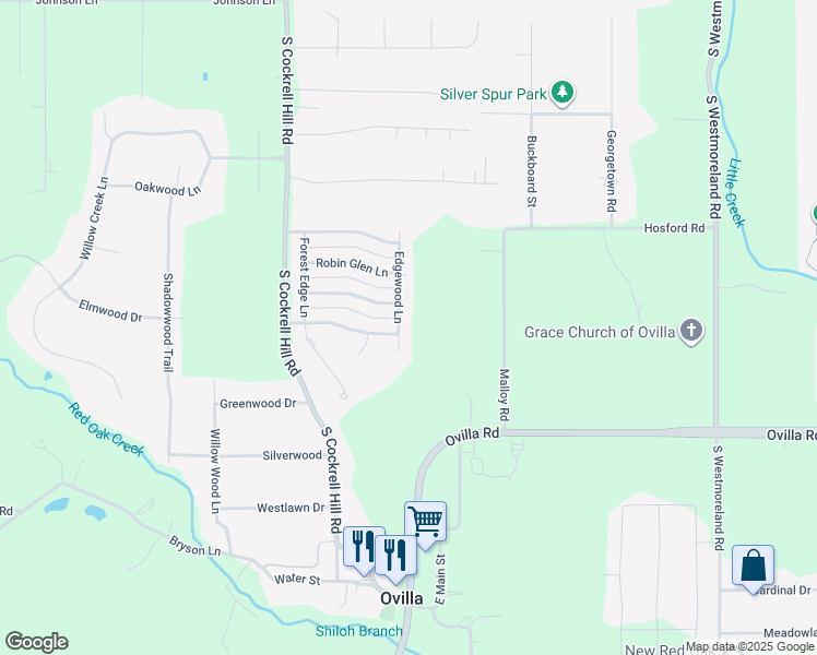 map of restaurants, bars, coffee shops, grocery stores, and more near 114 Ashburne Glen Lane in Red Oak