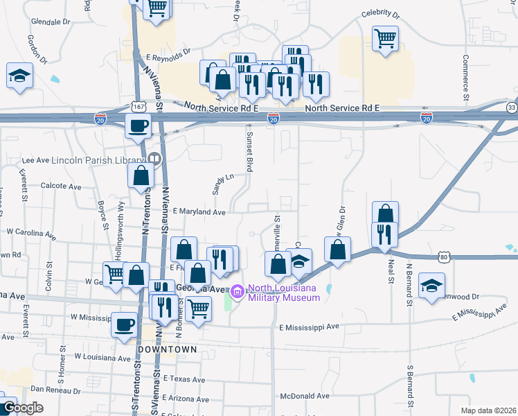 map of restaurants, bars, coffee shops, grocery stores, and more near 500 East Maryland Avenue in Ruston