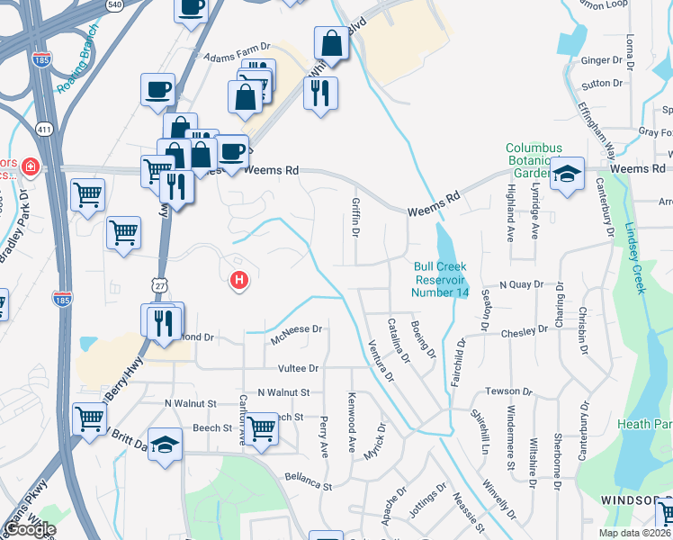 map of restaurants, bars, coffee shops, grocery stores, and more near 3101 Waco Street in Columbus