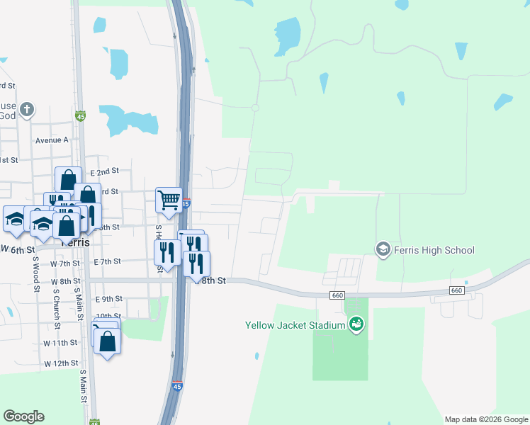 map of restaurants, bars, coffee shops, grocery stores, and more near 298 Ford Way in Ferris
