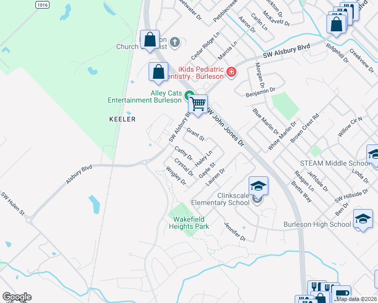 map of restaurants, bars, coffee shops, grocery stores, and more near 824 Cathy Drive in Burleson