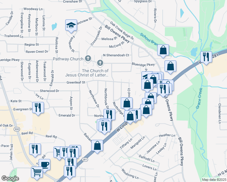 map of restaurants, bars, coffee shops, grocery stores, and more near Northridge Drive in Longview