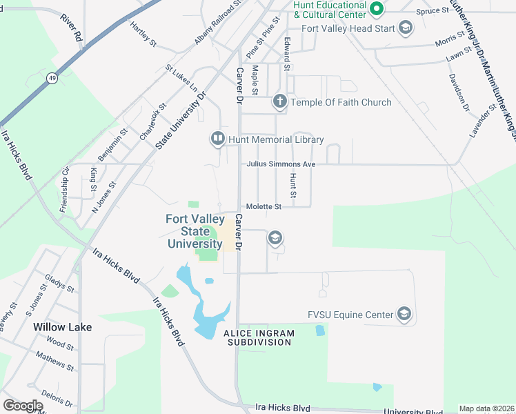 map of restaurants, bars, coffee shops, grocery stores, and more near 46 Porter Lane in Fort Valley