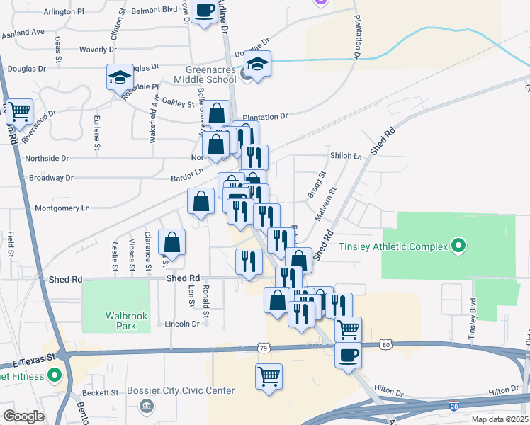 map of restaurants, bars, coffee shops, grocery stores, and more near 2122 Airline Drive in Bossier City