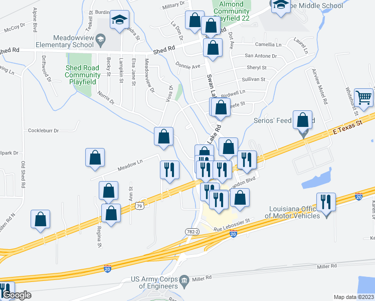 map of restaurants, bars, coffee shops, grocery stores, and more near 1014 Norris Drive in Bossier City