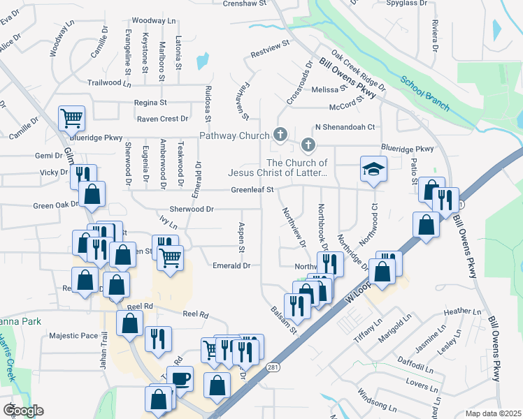 map of restaurants, bars, coffee shops, grocery stores, and more near 298 Sherwood Drive in Longview