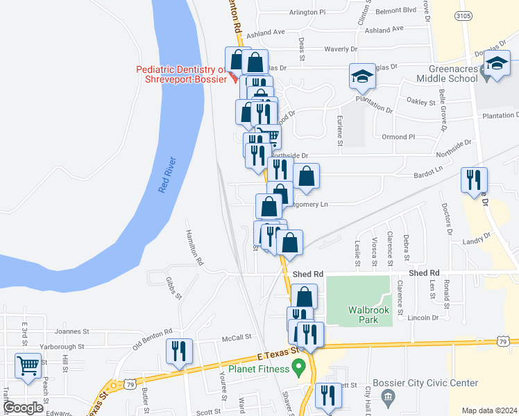 map of restaurants, bars, coffee shops, grocery stores, and more near 1322 Montgomery Lane in Bossier City