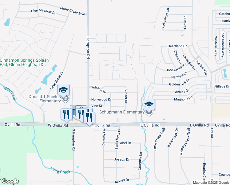 map of restaurants, bars, coffee shops, grocery stores, and more near 214 Wilshire Drive in Glenn Heights