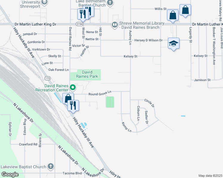 map of restaurants, bars, coffee shops, grocery stores, and more near 2867 Round Grove Lane in Shreveport